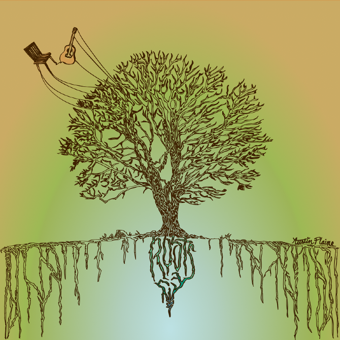 Roots debut album for Austin Plaine The entire design – aside from his name – was vector-drawn in a single line, down to the guitar strings and woodgrain in the chair.