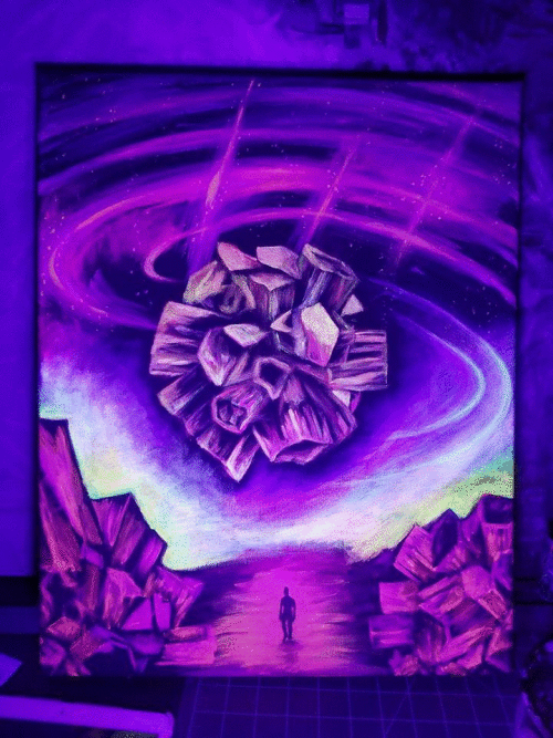 Expedition of the Aragonaut 🛸💫💎 UV reactive & acrylic paint on 16x20 inch canvas ORIGINAL SOLD to a rad dad. 🤘🏼👨🏽🚀 8.5x11 inch prints available in the Shop!