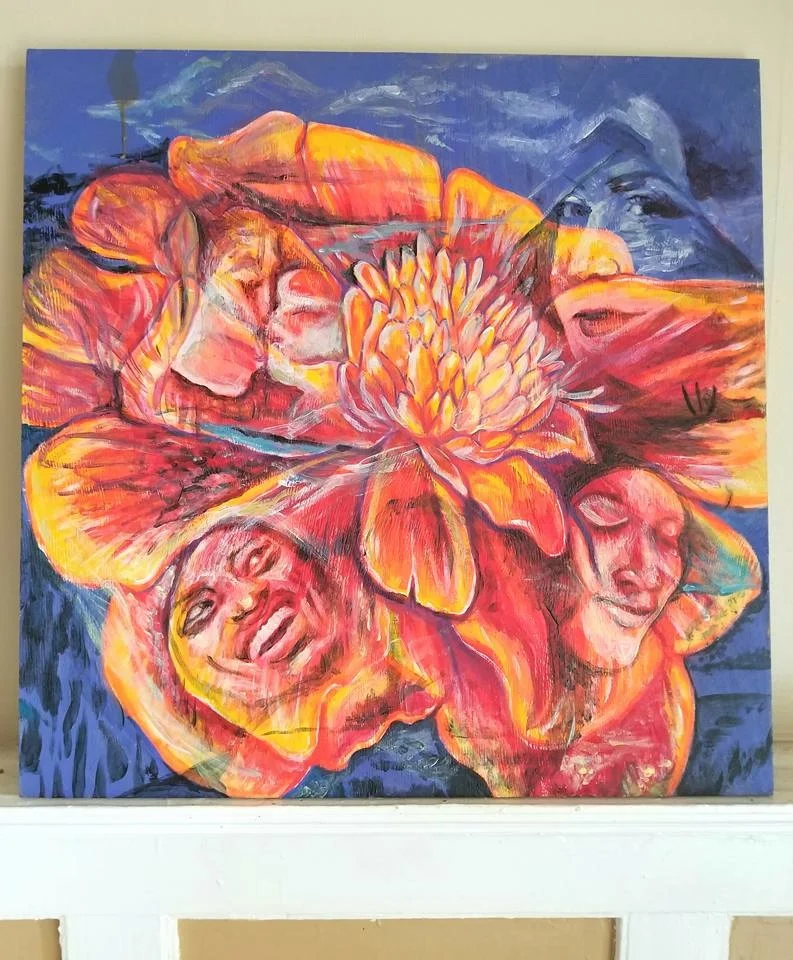 Afterlands ~ a blissful place where all souls are reunited and our energy continues to blossom. Submission to the Kenosha Creative Space community art project for the Day of the Dead Block/Alley Party 2017 Acrylic on 20x20 inch wood panel. PRIVATE COLLECTION.