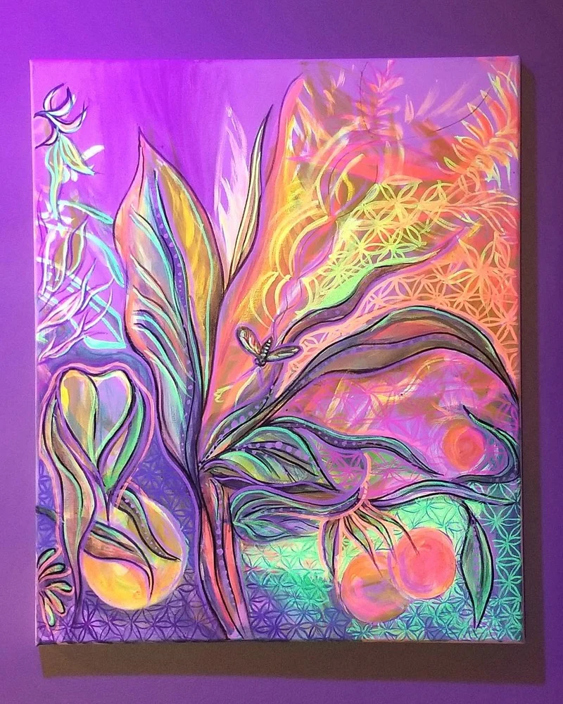 Beeb's Garden UV reactive acrylic and paint markers on 16x20 inch canvas. ORIGINAL SOLD.