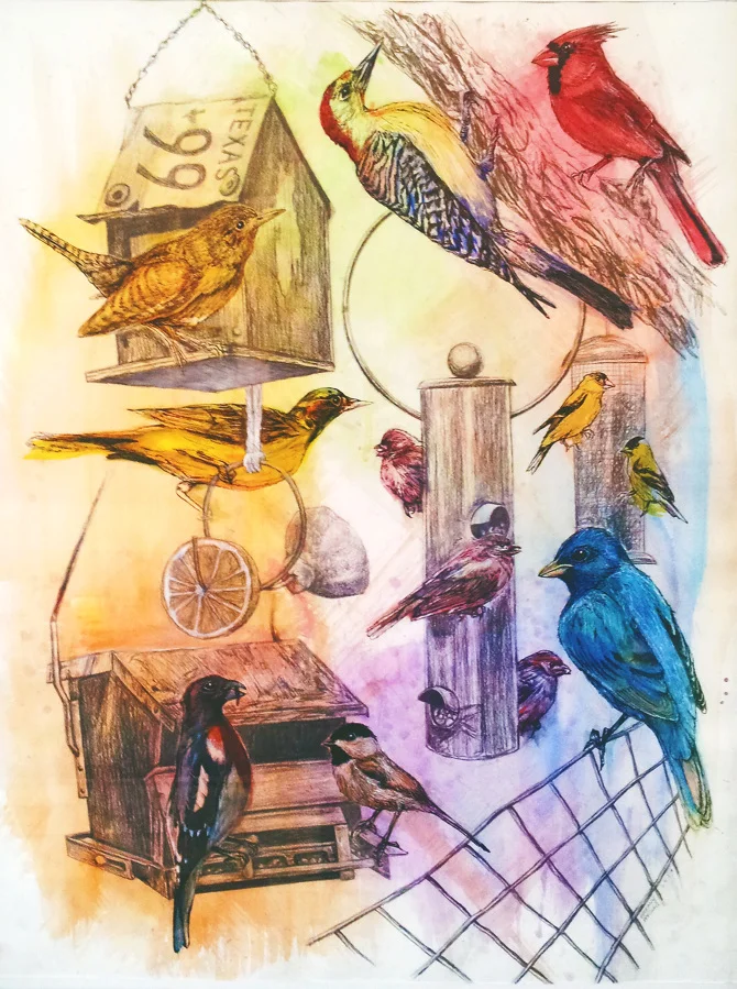 Backyard Birds ~ for a couple who both share the love of birdwatching. Birds shown (from top left to bottom right): House Wren / North American Woodpecker / Northern Cardinal / Oriole / House Finches / Red-Breasted Grossbeak / Chickadee / Indigo Bunting Watercolor, gouache, graphite, acrylic and ink on 22x28 inch 300 lb. cold pressed watercolor paper. ORIGINAL SOLD.