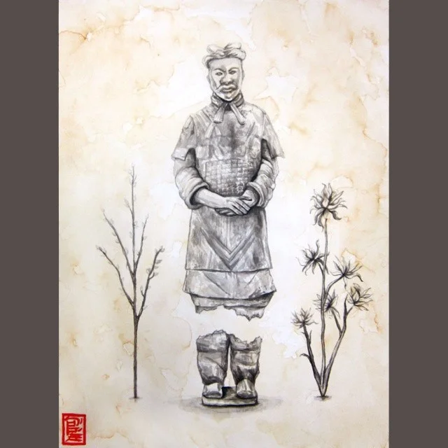 Terra Cotta Warrior – India ink on 9x12 inch red tea-washed watercolor paper ORIGINAL SOLD.