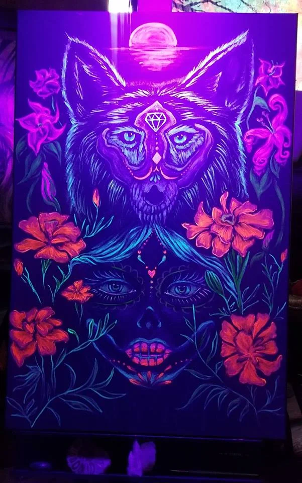 La Loba de los Muertos - UV reactive acrylics on 2x3 foot black canvas. Live painted at Kenosha Creative Space Day of the Dead block party, 11/3/2018. PRIVATE COLLECTION.