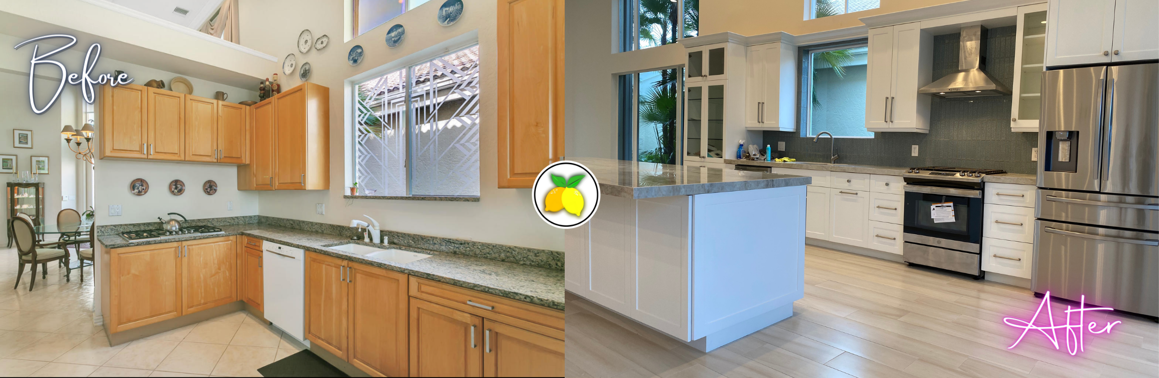 From left before and after:   BallenIsles Country Club full kitchen renovation 