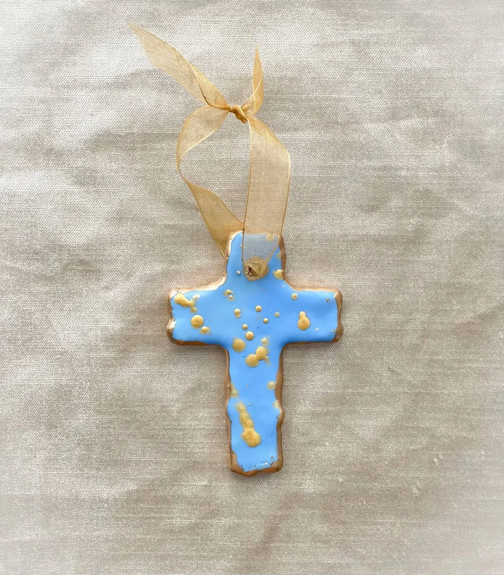 Encaustic Cross Ornament-Light Blue