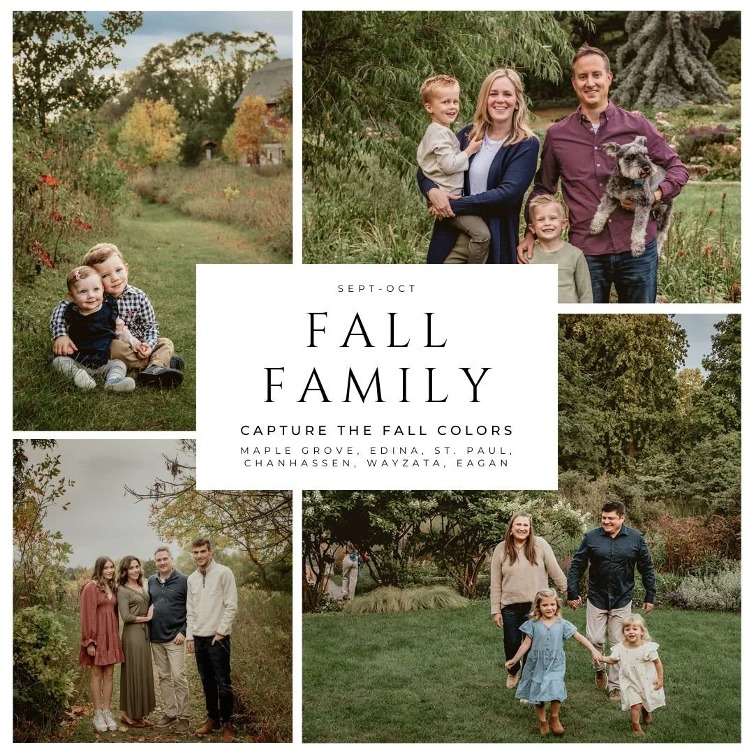 🍁 Fall family sessions are one of my favorite times of the year. I love seeing families return again and again, and this season offers such a beautiful variety with 7 locations!

Choose from: Maple Grove, Edina, St. Paul, Chanhassen, Wayzata, Eagan,