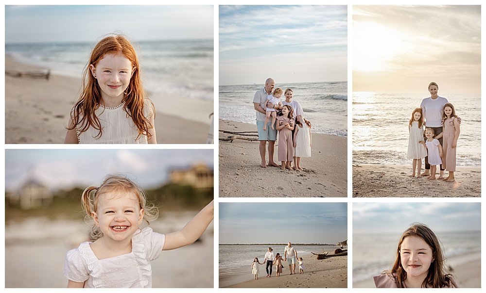 Collage of a family at the beach, featuring individual and group shots of children and parents against a scenic ocean backdrop.