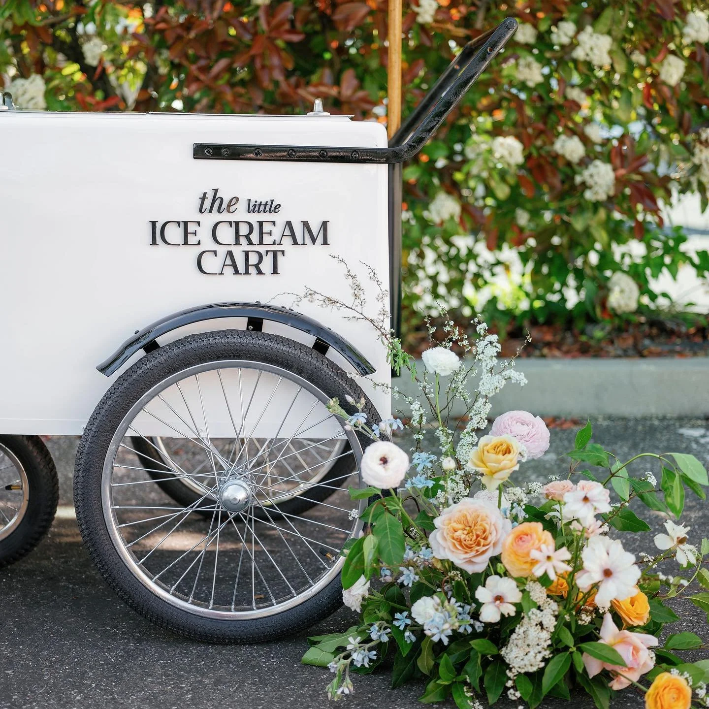 Our vintage cart has been designed and branded to seamlessly blend with any wedding aesthetic. It was important to us that our cart stands out for its ellegance and delicious ice cream and not for its flashiness. Play it up with flowers or a fun back