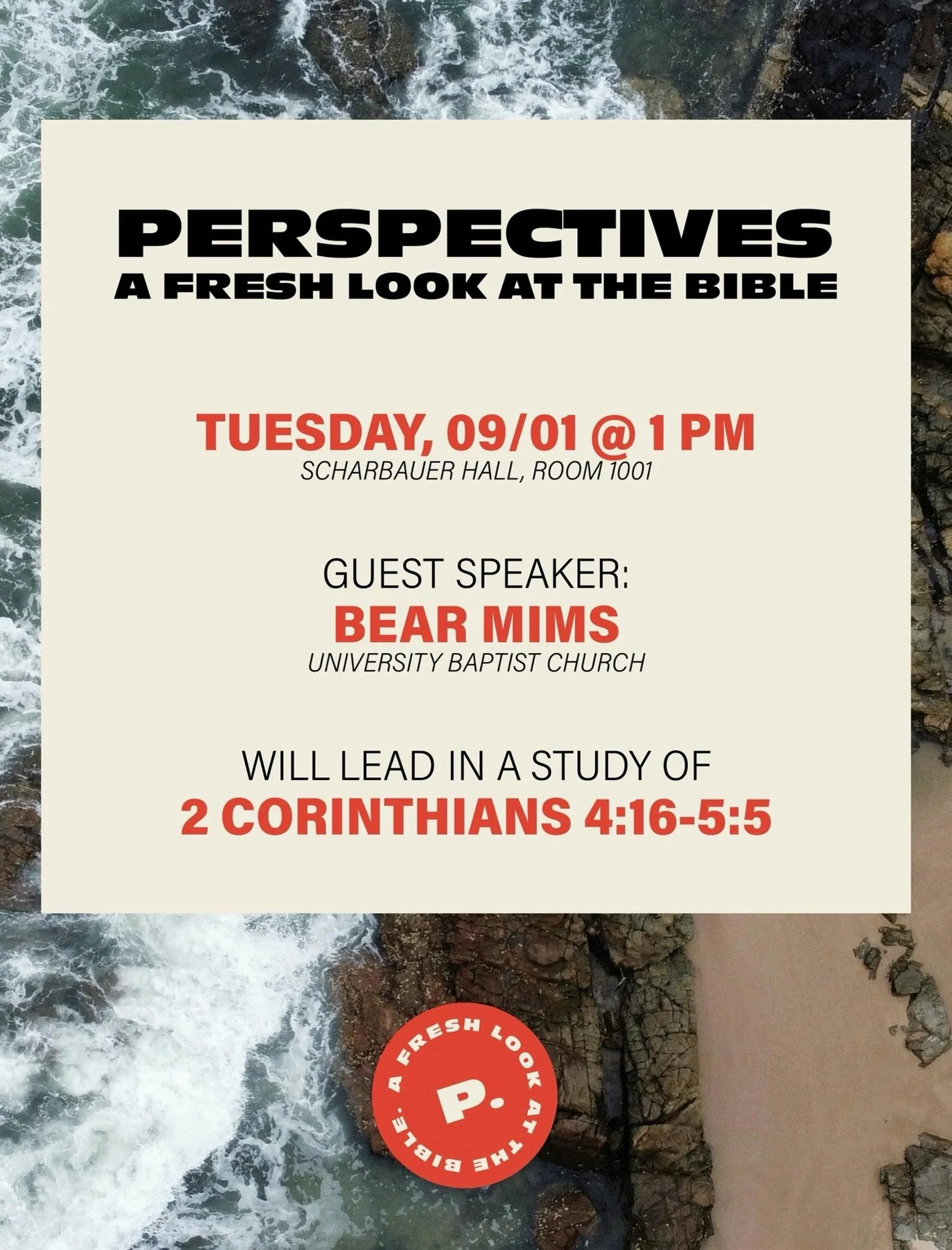 PERSPECTIVES IS TOMORROW!! 🙌

We&rsquo;re kicking off our semester series, Faith Through Every Season, tomorrow at 1 PM in Scharbauer Hall, Room 1001! Come hear from an awesome speaker, meet new people, and dive into some great conversations. Bring 