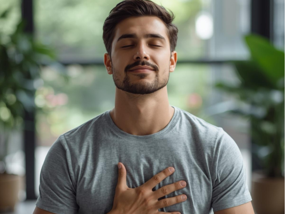 Serene man practicing mindfulness for inner wisdom and healing, hand on heart with eyes closed in soft natural light.