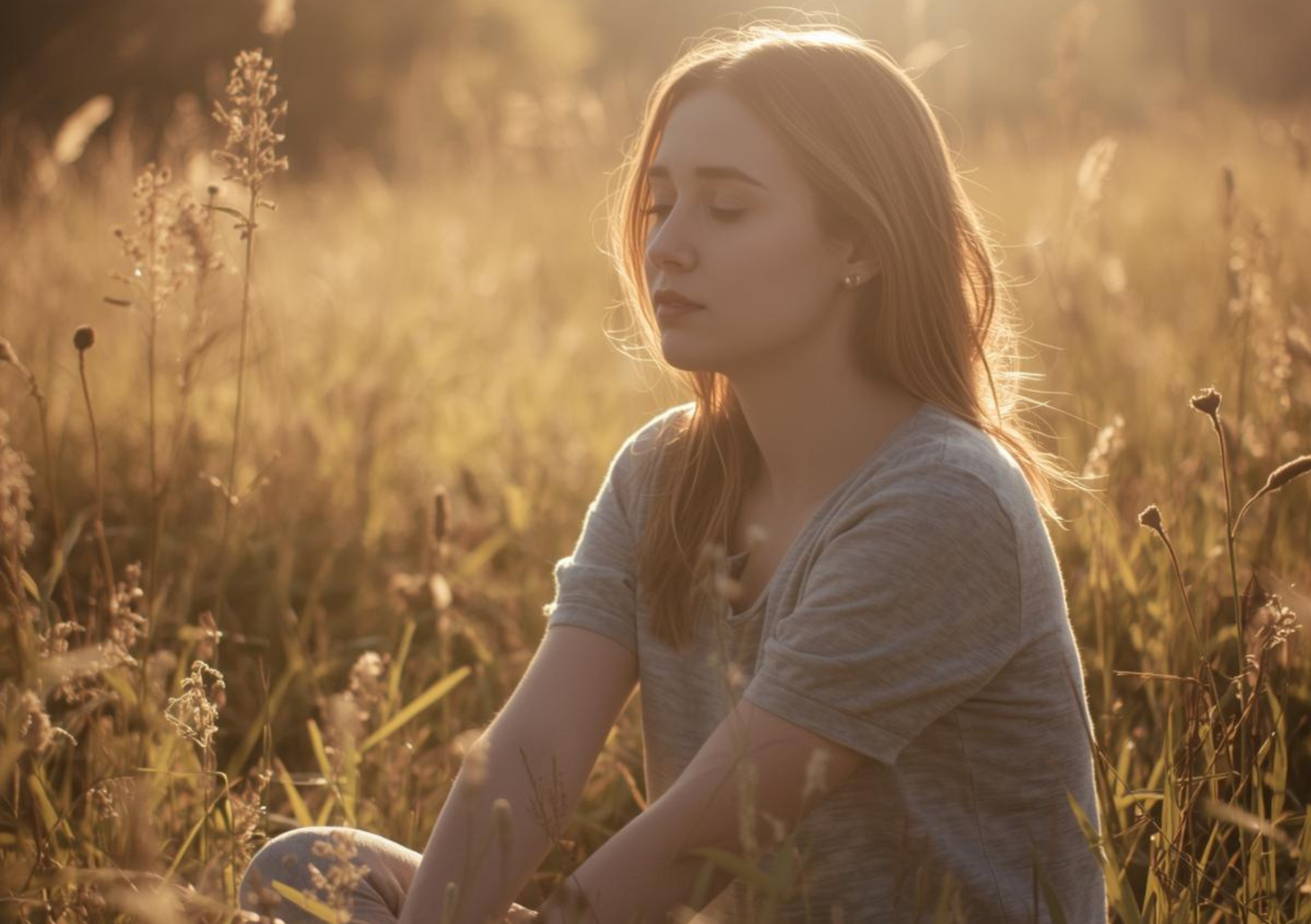 A woman practicing inner stillness in a serene sunset landscape, representing an inner transformation and freedom gained through healing energy work.