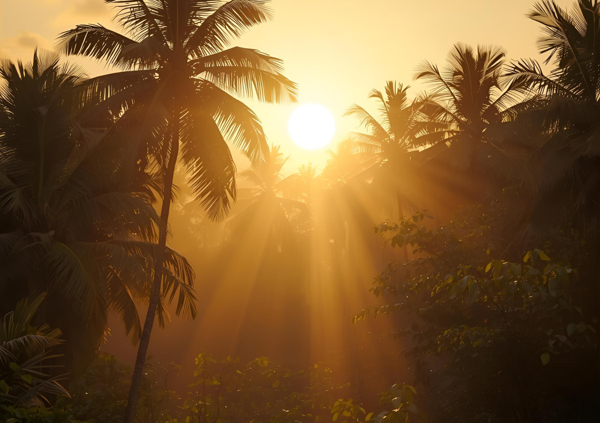 Radiant sunrise in jungle with golden light rays symbolizing the clear and authentic expression of a soul calling and inner wisdom for intuitive practitioners.