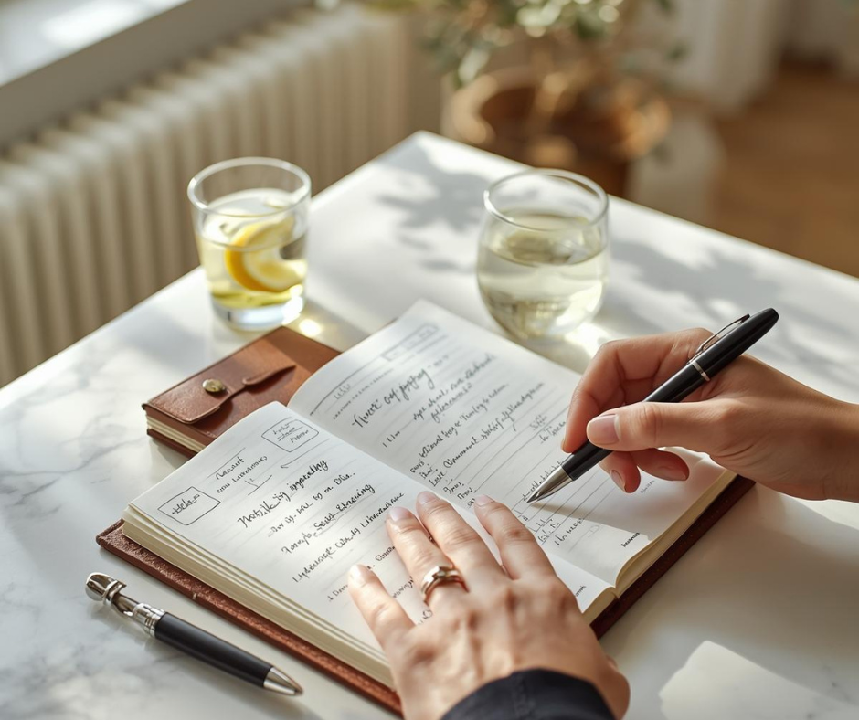 Close-up of a woman's hands journaling in a bright studio, representing the clarity, insight, and momentum gained through online workshops.