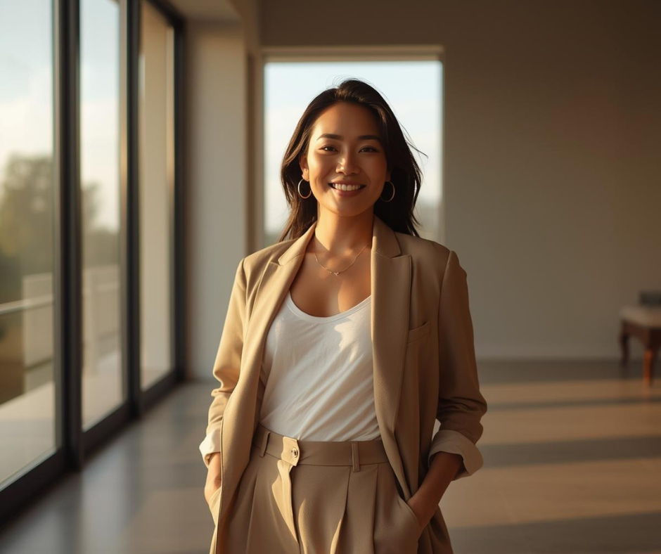 Sophisticated female leader in a sunlit space, symbolizing a soul-led mission and authentic service that creates meaningful results and sustainable impact.