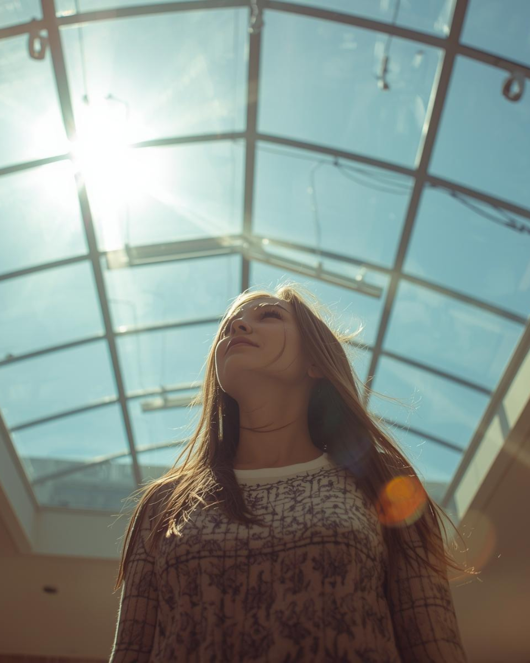 Woman looking up toward a glass ceiling as sunlight shines through, symbolizing the subconscious ceiling where untapped potential meets hidden self-doubt, fear, and invisible limits on growth and leadership.