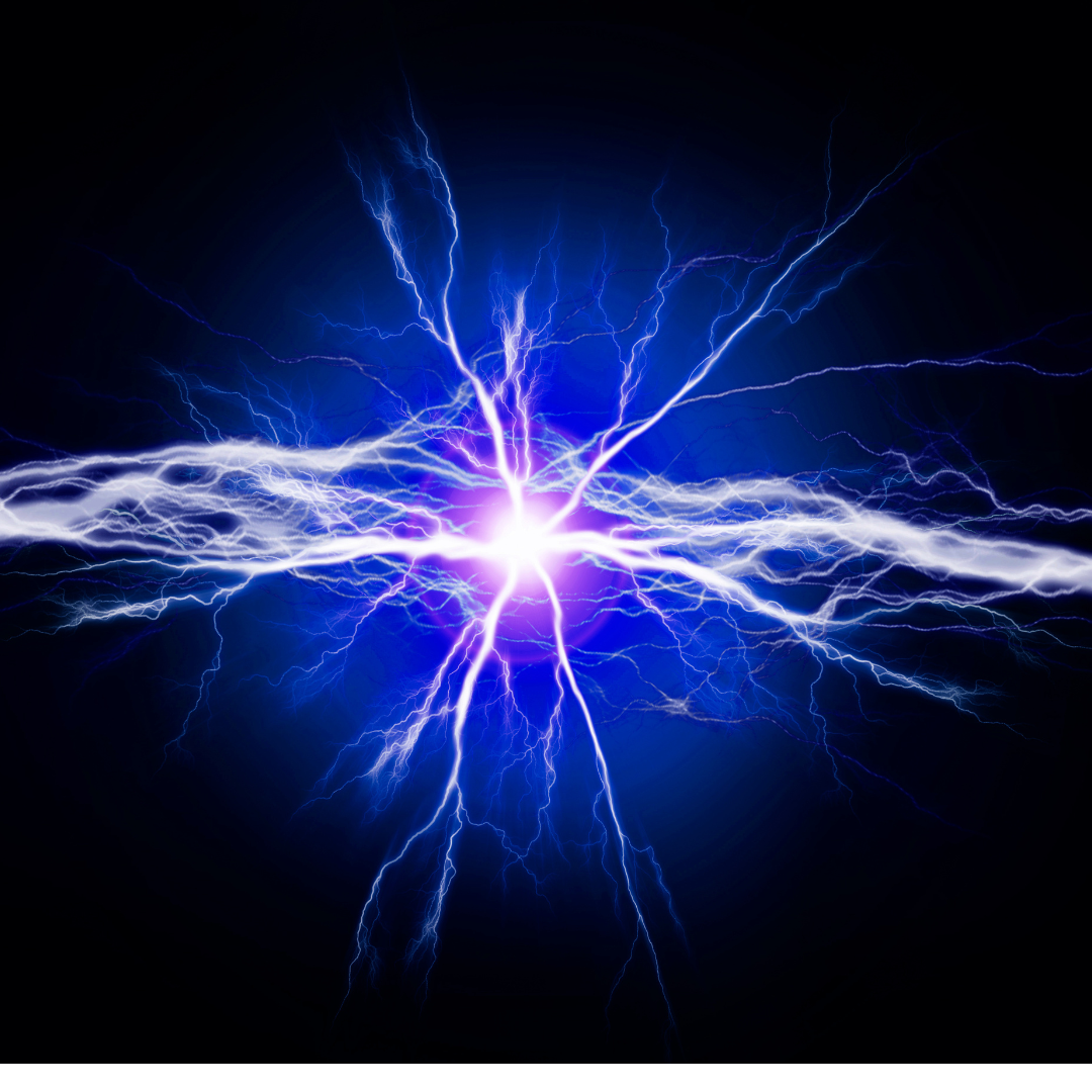 Blue circular energy with white light and white energy waves.