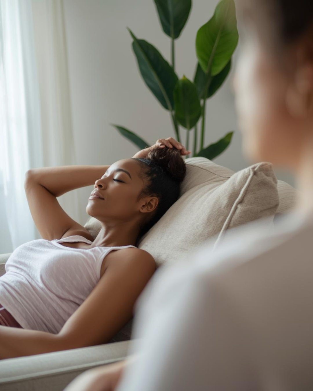 Woman with hair in a bun receiving a 1-to-1 healing energy work session for emotional release and spiritual clarity.