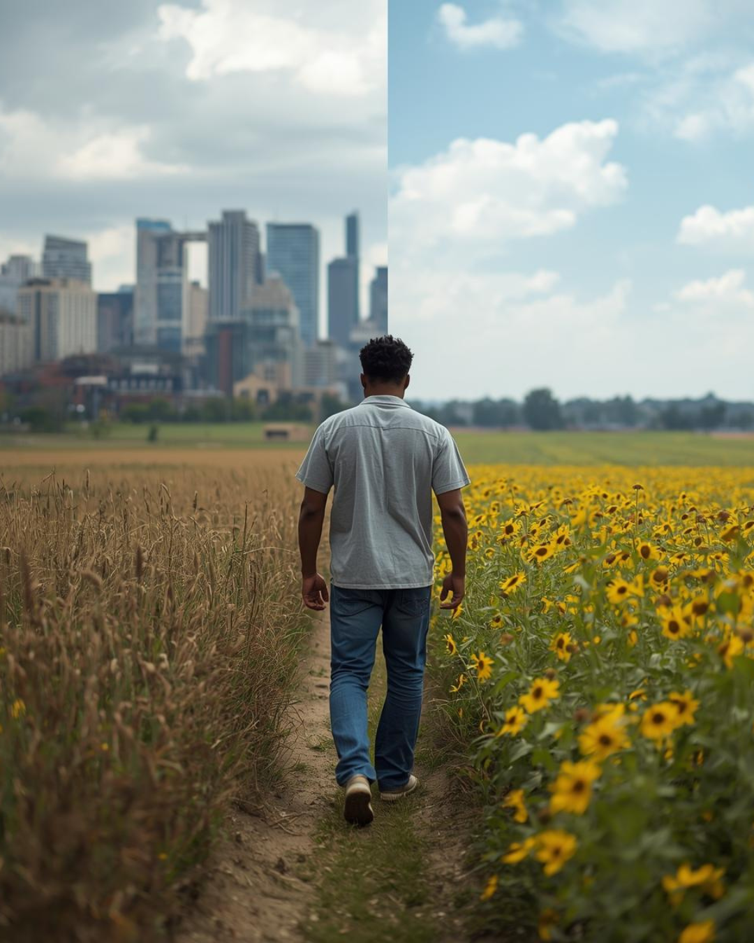 A man walking through a split landscape of a rigid city and a natural flower field, symbolizing the friction between conventional models and intuitive, soul-led ways of creating.