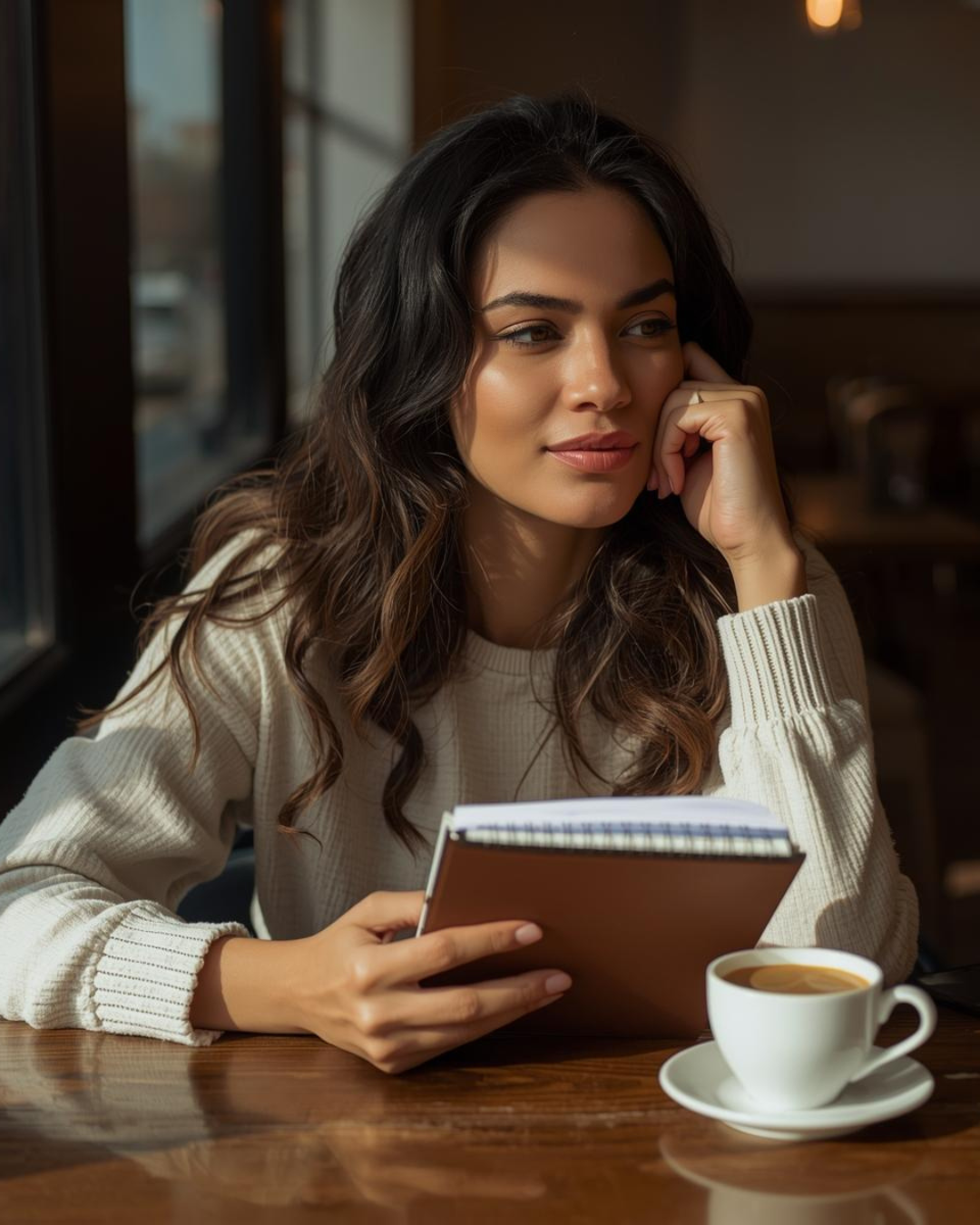 Dark-haired thoughtful woman with a notebook and coffee, reflecting on how to translate subtle intuitive insights into a clear, professional service.