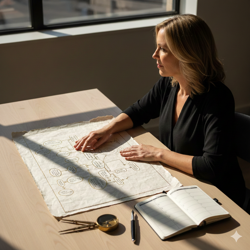 An intuitive practitioner looking at a visionary map and an open planner, representing the bridge between inner guidance and structured action for consistent results.
