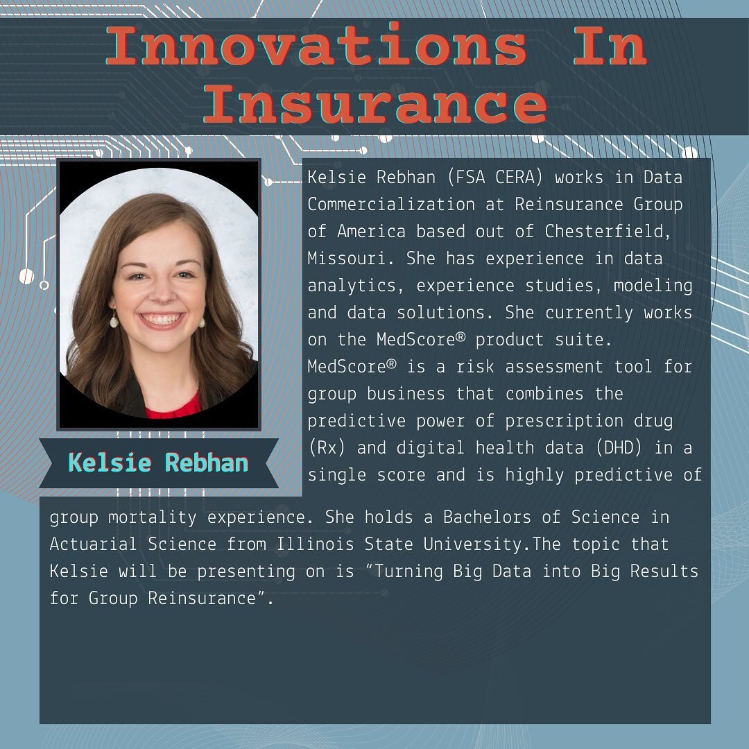 The Risk Analytics Symposium 2024: Innovations in Insurance is on its way! For our third speaker we are delighted to announce Kelsie Rebhan! She will be presenting to us about turning big data into big results for group reinsurance