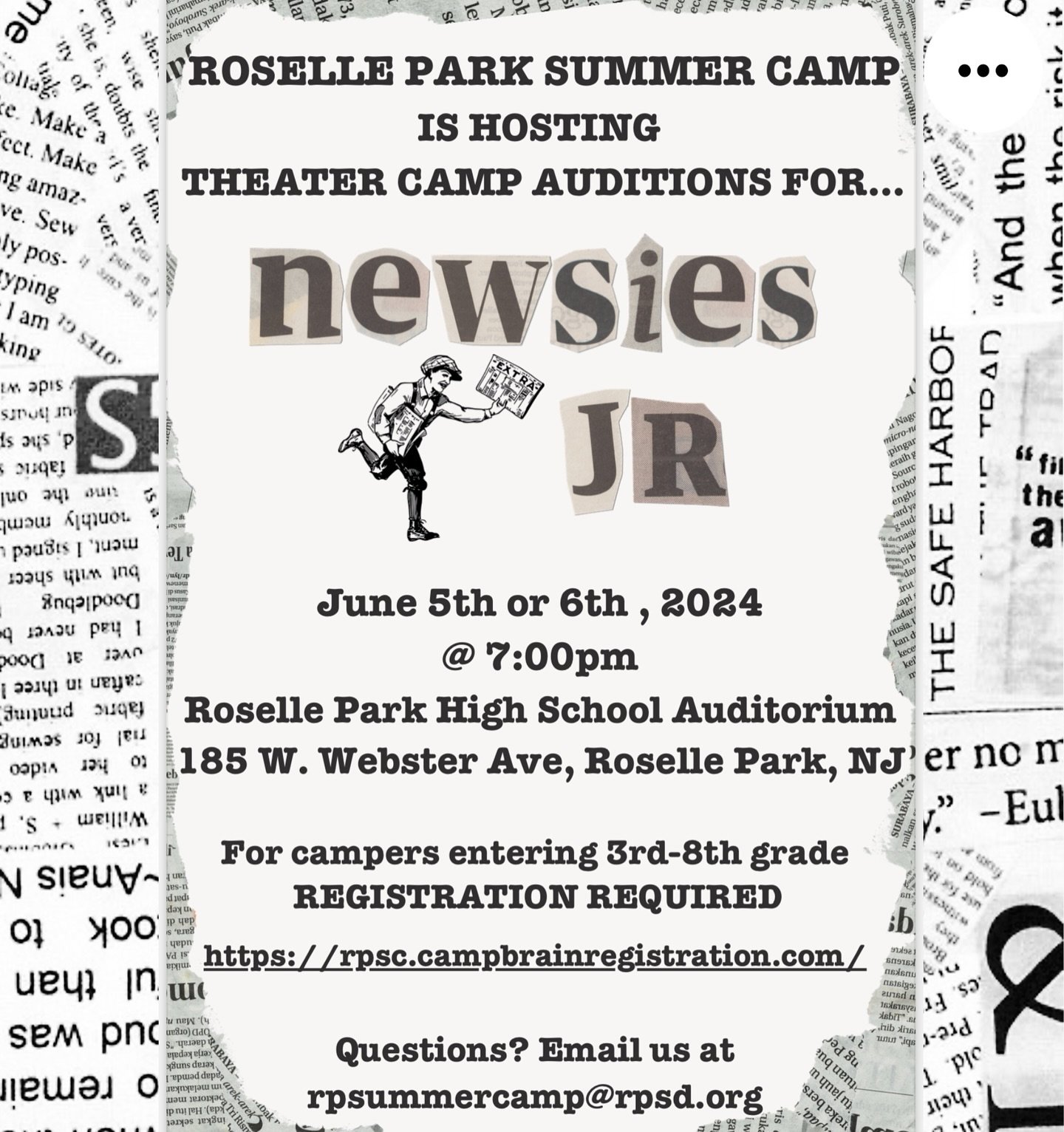 EXTRA EXTRA READ ALL ABOUT IT! The Roselle Park Summer Camp&rsquo;s Theater Camp is holding auditions for this Summer&rsquo;s production of &ldquo;Newsies Jr.&rdquo; on June 5&amp;6! See flyer for details!

#RosellePark #RoselleParkHighSchool #Commun