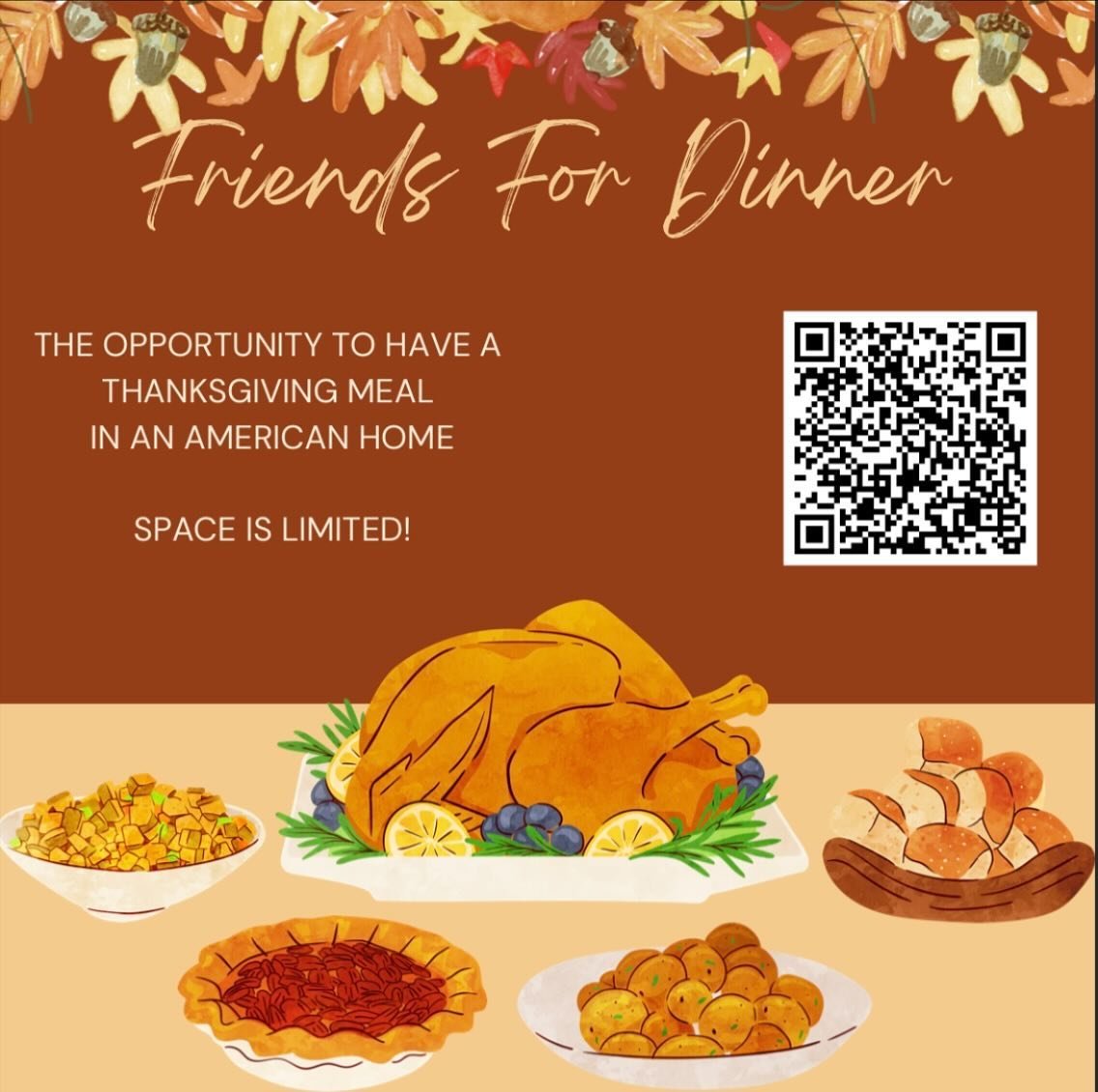 We are excited to extend the opportunity for our international student friends to sign up and have a Thanksgiving meal in an American home. Sign up by 11/21. More information can be found with the link in our bio.