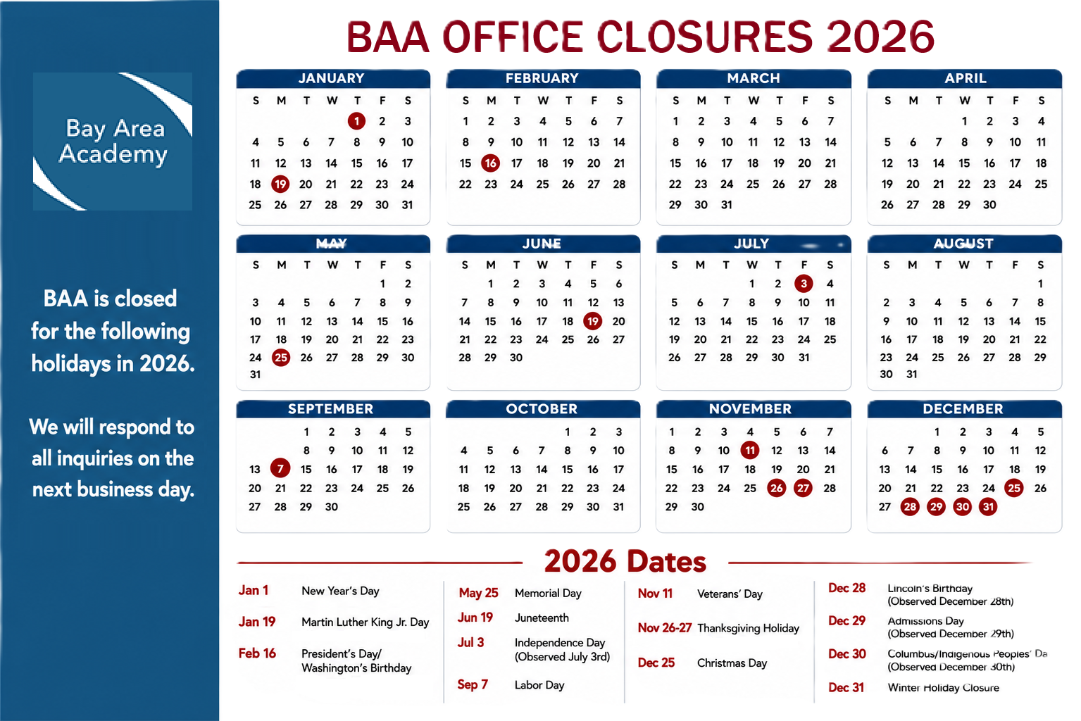 BAA 2026 Office closures calendar