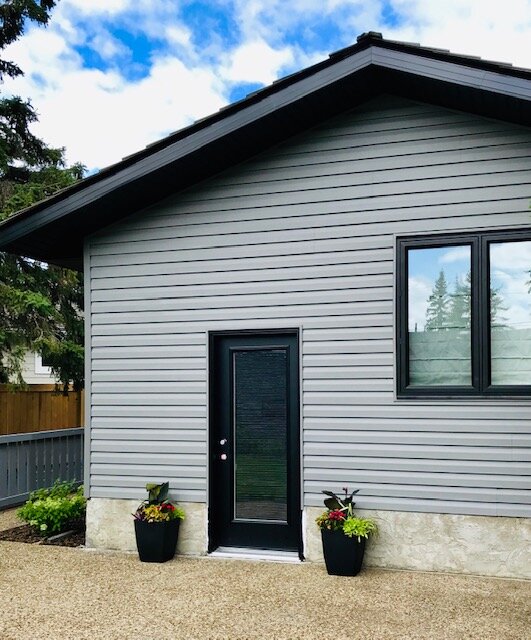 Exterior-Renovation-Back Door-Black Hardware-Style Maven Decor Interior Design-Edmonton Canada