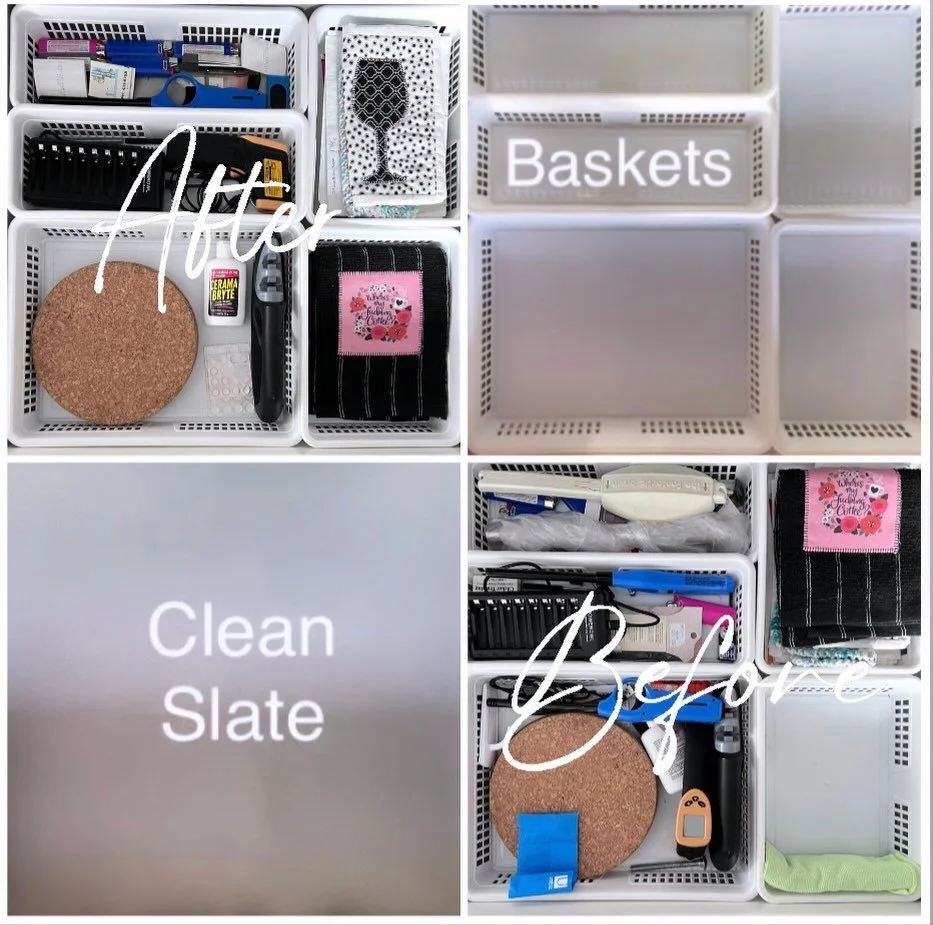 Declutter Challenge January 5 - Empty &amp; organize junk drawer(s).

We only have one junk drawer &amp; it&rsquo;s the only drawer that stays organized! 🤣

I took everything out, cleaned &amp; re-homed a few things. 

These baskets are from the Dol