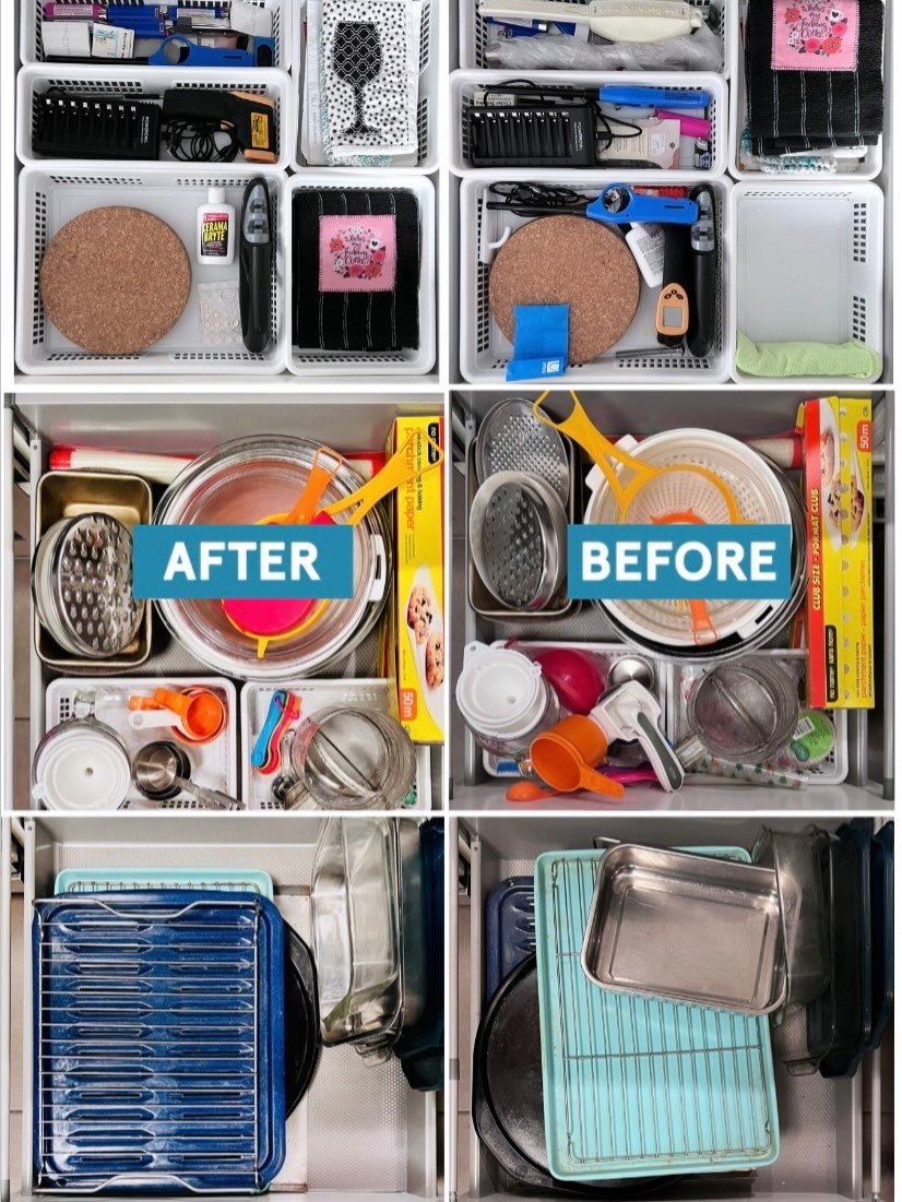 Declutter Challenge January 8 - Clean &amp; organize 2 kitchen cabinets.

I had already decluttered our spices &amp; junk drawers so I only had 4 drawers to do! 

I removed all items, washed the cabinets, inserts &amp; baskets. I also recycled &amp; 