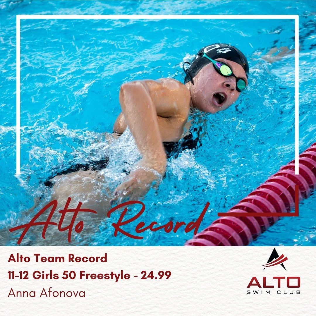 Huge congratulations to Anna Afonova for breaking the Alto 11-12 Girls 50 Freestyle! She clocked in a 24.99 at the DACA meet this past weekend. Way to go Anna!! #LetsGoAlto #FasterWithAlto #AltoRecordBreakers #GreaterTogether