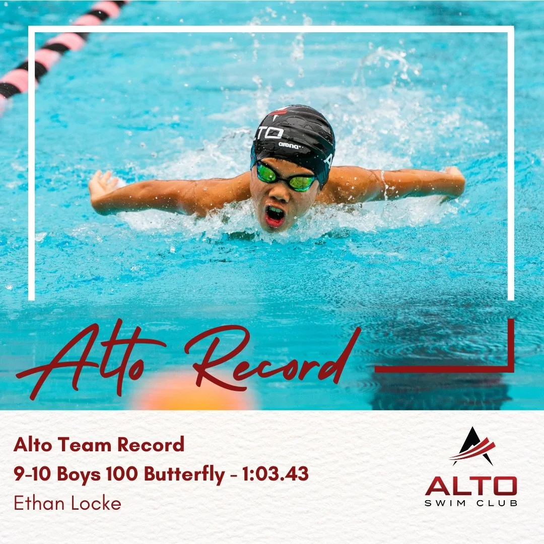 New Team Record! 🔥🔥 Congratulations to Ethan Locke for breaking the 9-10 boys Alto team record in the 100 Fly! Ethan posted a 1:03.43 this past weekend at Age Group Champs! Way to go Ethan &amp; let&rsquo;s go Alto!! #AltoRecordBreakers #FasterWith