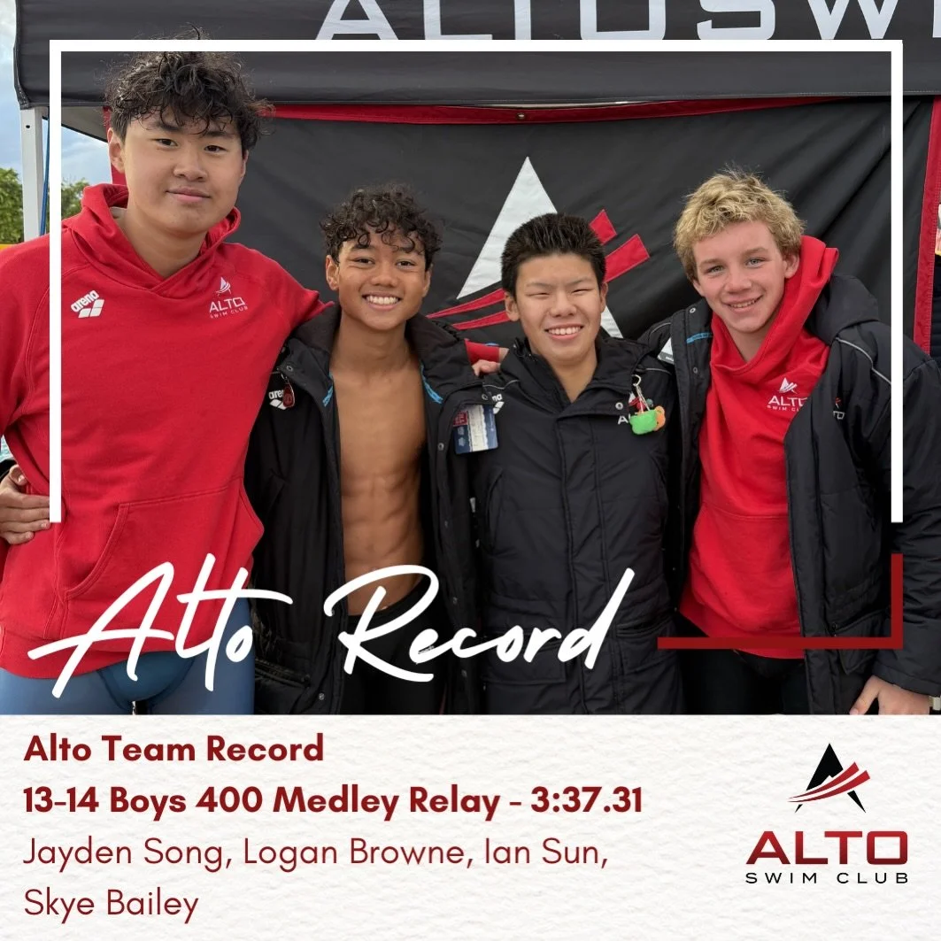 Alto Team Record! 🔥 Jayden, Logan, Ian, and Skye broke the 13-14 boys 400 medley relay team record with a 3:37.31 this past weekend at Far Westerns in Morgan Hill. Way to go boys &amp; let&rsquo;s go Alto! #altorecordbreakers #fasterwithalto #greate