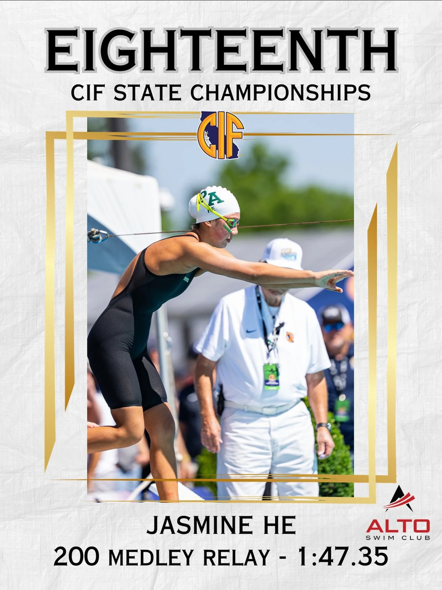 🔥🔥 Huge congratulations to Jasmine He for a strong showing at the CIF State Championships this past weekend in Clovis! We are so proud of you! 😁🏊&zwj;♀️💪 #LetsGoAlto #FasterWithAlto #GreaterTogether