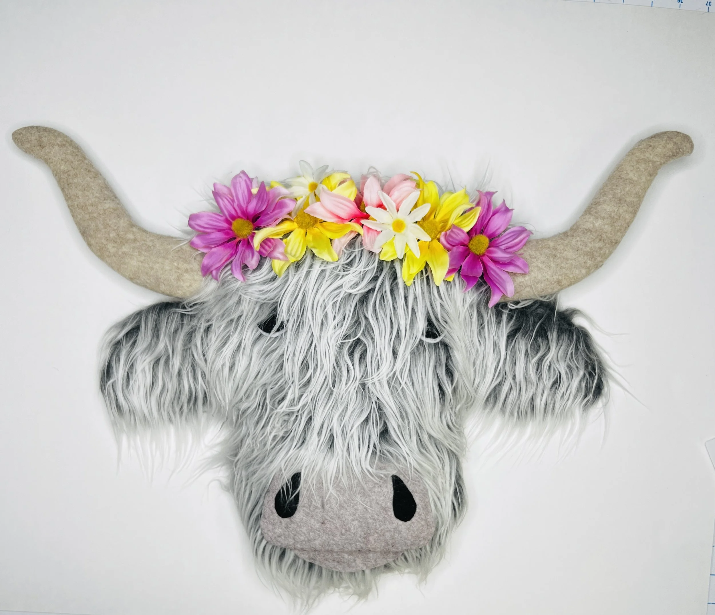 Highland Cow - Grey with Spring Flowers
