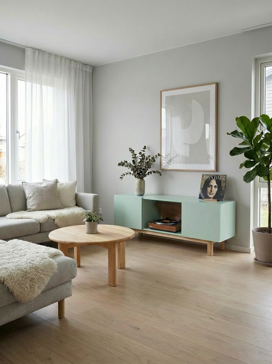 Console média Stanstead vert sauge et table ronde Val d'Or de Carmen Design dans un salon contemporain.