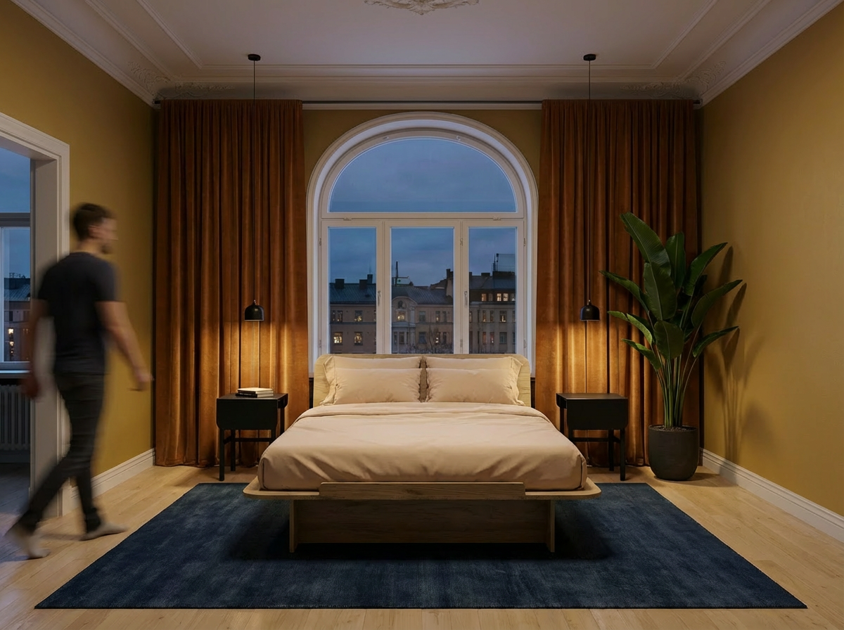 Chambre moderne avec un grand lit king-size, deux tables de chevet noires, deux lampes suspendues noires, une grande fenêtre en forme d'arc avec des rideaux marrons, un tapis bleu foncé, une plante verte dans un pot noir, un mur jaune, et un plafond blanc avec moulures.