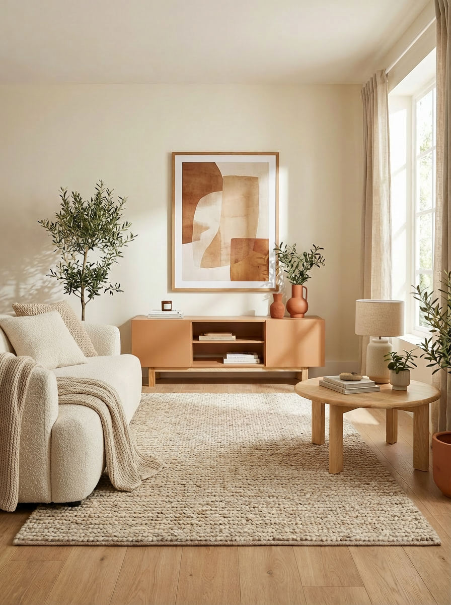 La console media Stanstead et la Table Val d'or ronde en bois massif par Carmen Design