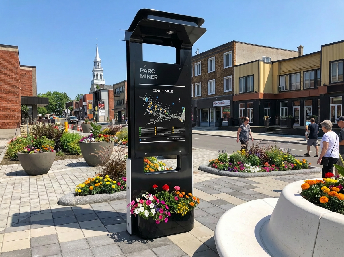 Totem informatif créé par Carmen design pour le centre-ville de Granby