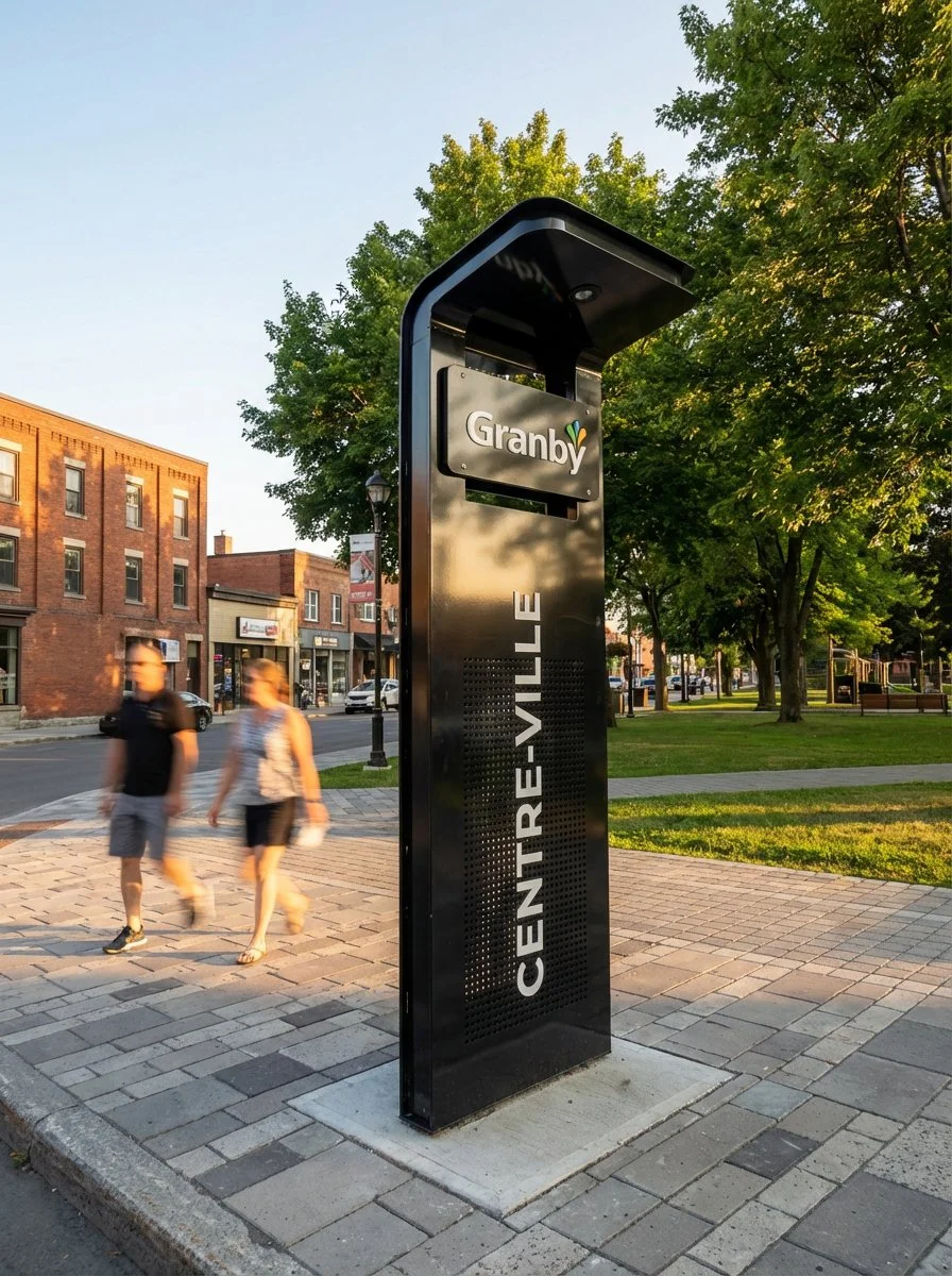 Totem signature créé par Carmen design pour le centre-ville de Granby