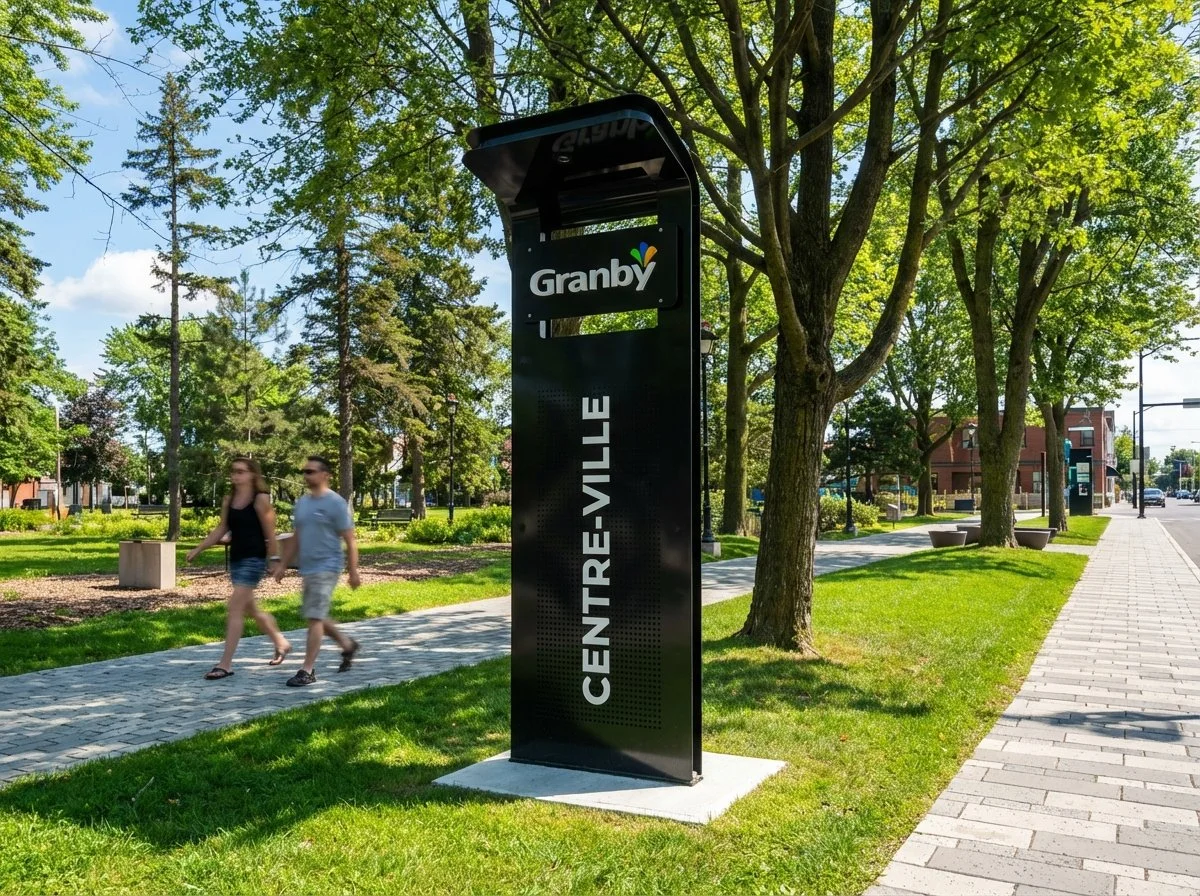 Totem signature créé par Carmen design pour le centre-ville de Granby