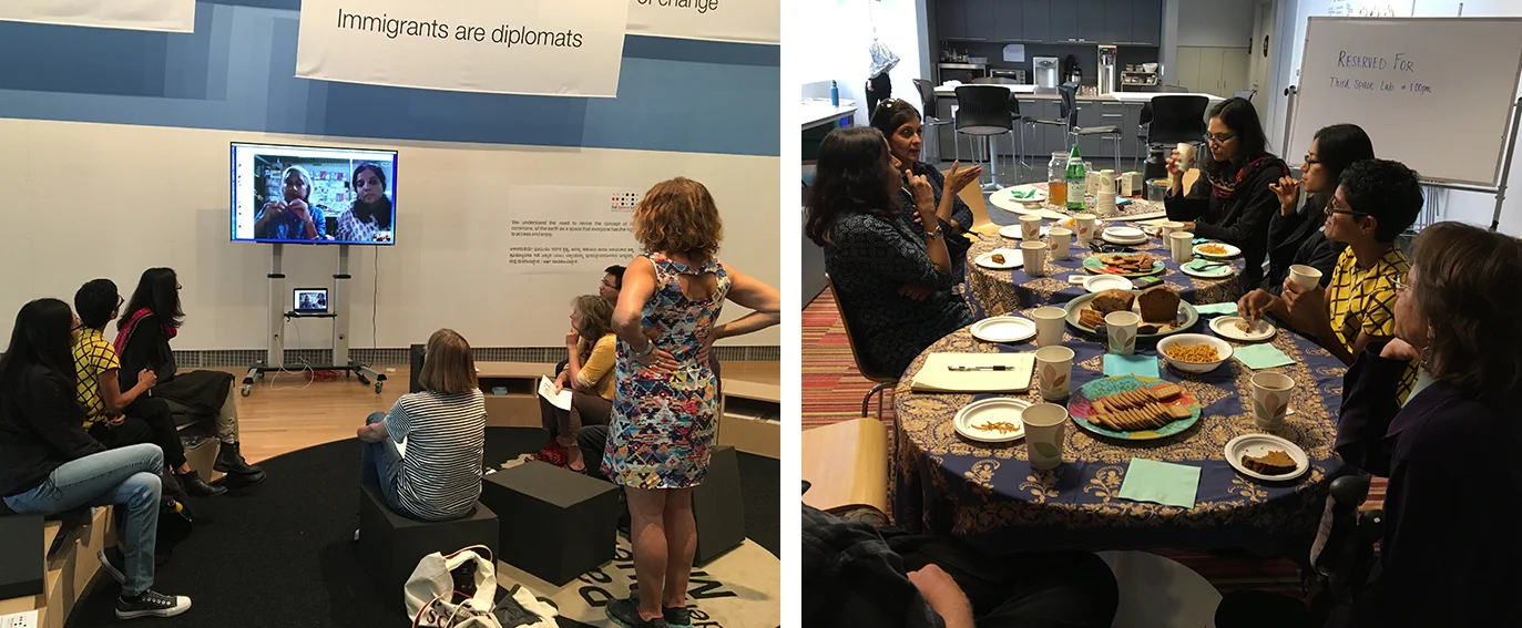 Collective Conversation at the The Party of Mirgrant Peoples Assembly Space, Yerba Buena Center for the Arts (YBCA), San Francisco, 2017. In 2017 artist Tanya Bruguera created The Party of Mirgrant Peoples Assembly Space as part of her exhibition at YBCA, for visitors to the museum to engage conversation about the earth as a global commons. In this space we were invited to hosted a live Collective Conversation to engage guests in Bruguera’s manifesto statement about reviving the earth as a true commons. We Skyped in our collective members from Bangalore to engage in the discussion. Post the gallery conversation we invited participants to join us in an afternoon tea where we served homemade baked goods and traditional Indian snacks.