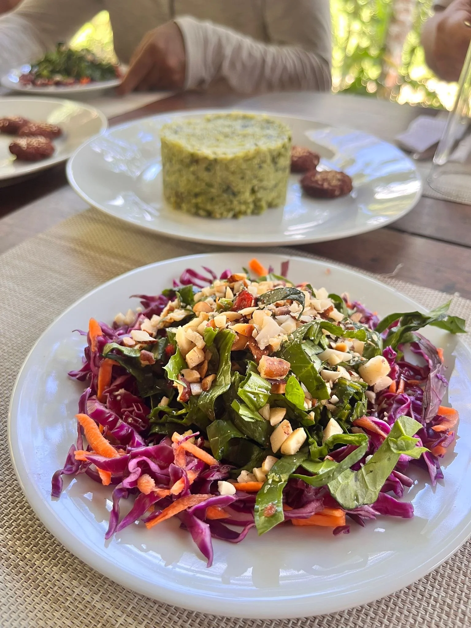 En la imagen hay una ensalada con col morada, zanahoria, espinaca, y nueces en un plato blanco. Al fondo, en una mesa de madera, hay un plato con un timbal de arroz y unas albóndigas, y otra persona con un plato de comida. La escena parece ser al air