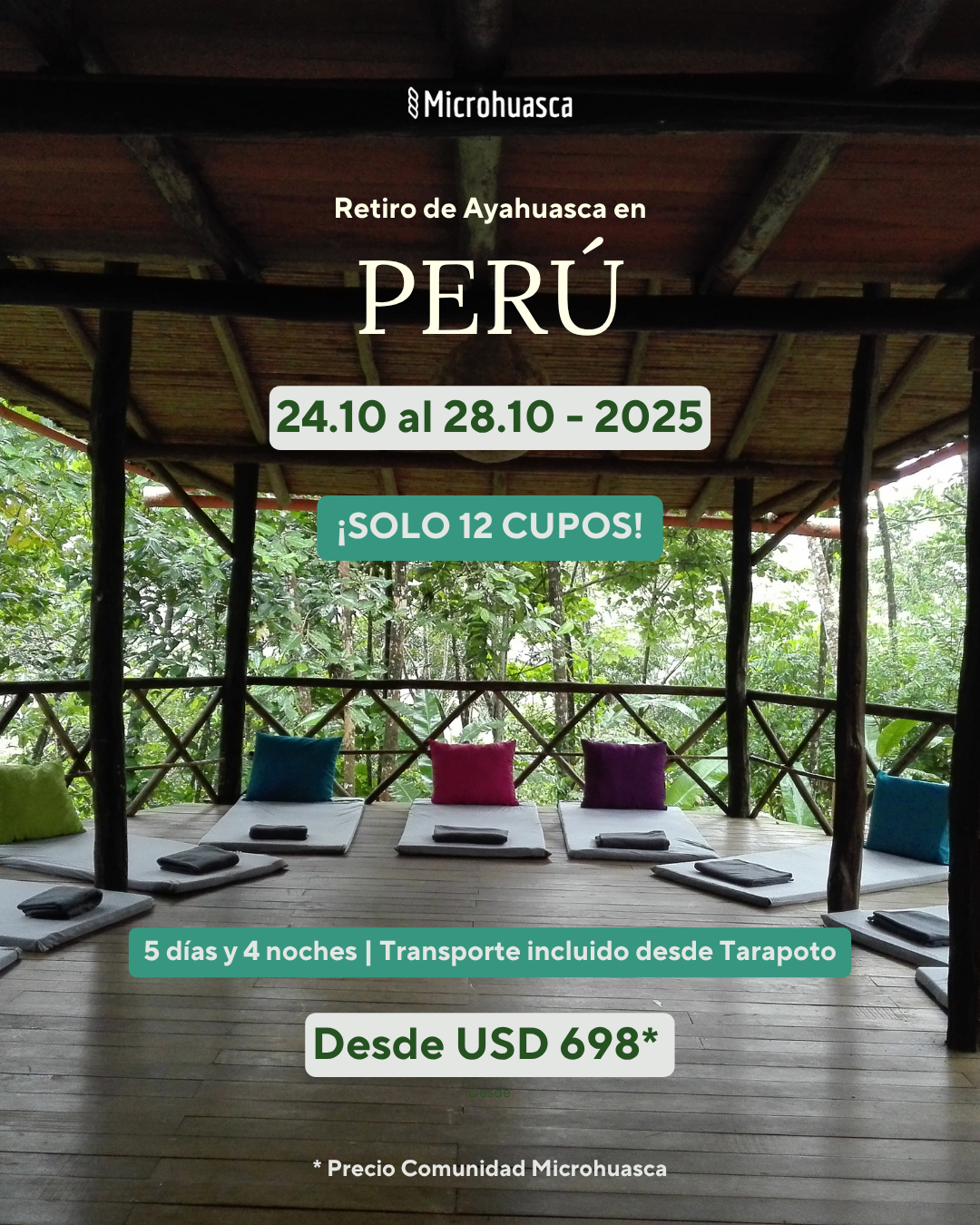 Anuncio de retiro de ayahuasca en Perú, del 24 al 28 de octubre de 2025, con pocas plazas disponibles. Incluye 5 días y 4 noches con transporte desde Tarapoto, desde USD 698, en una estructura de madera en la selva con literas y cojines. microhuasca