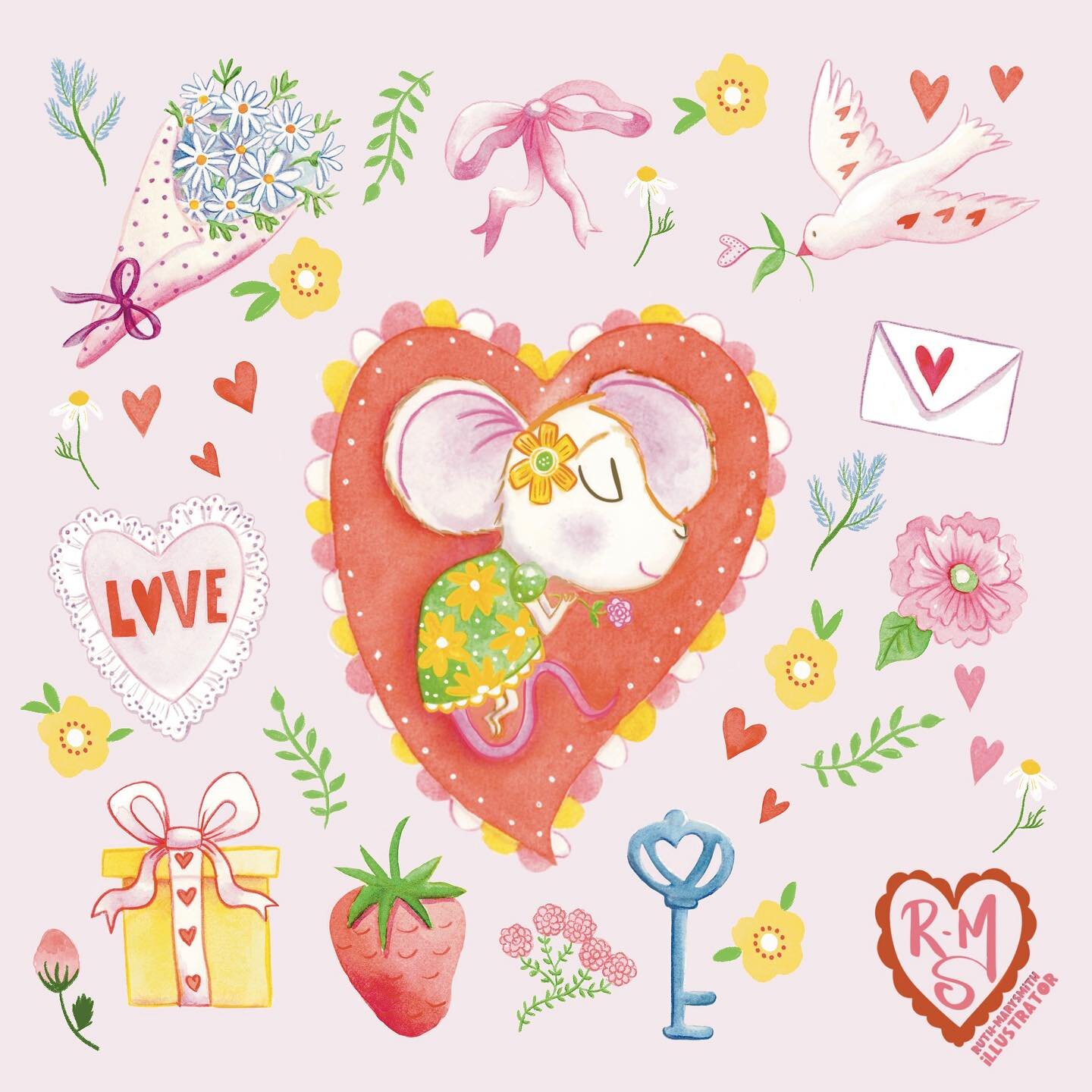 Dreaming of love 💕 watercolour details come together in this little illustration.  #love #valentinemouse