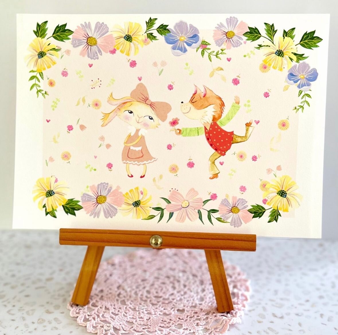 Betty &amp; Bob are kind of keen on each other. This little illustration was made by combining by little watercolour bunnies with some gouache flowers.  If you would be keen on having Bob &amp; Betty at your home, these sweeties are available as a pr