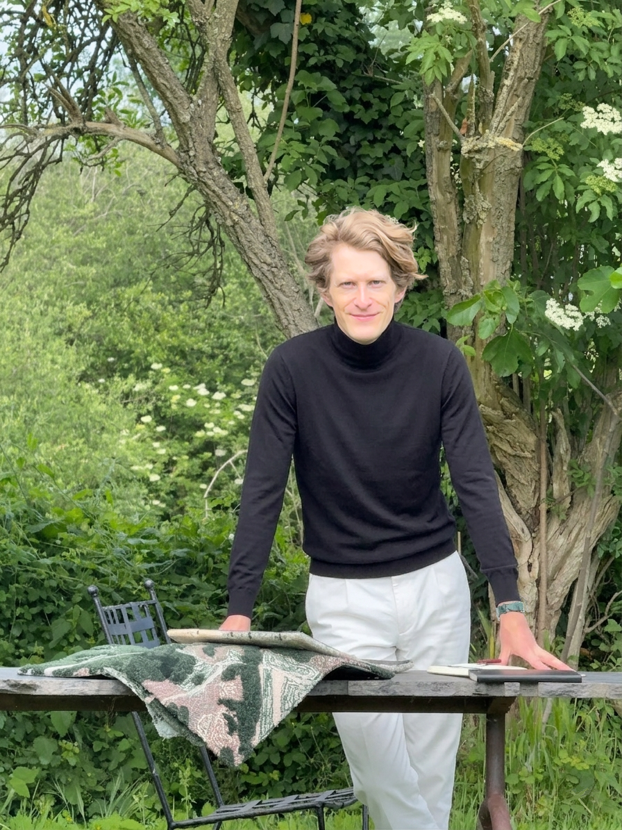 Medium-full shot portrait of Edouard Sankowski of Krzywda, smiling to camera, while leaning over his rug work on a Krzywda AG-01 Arch Table in a lush spring outdoors setting.