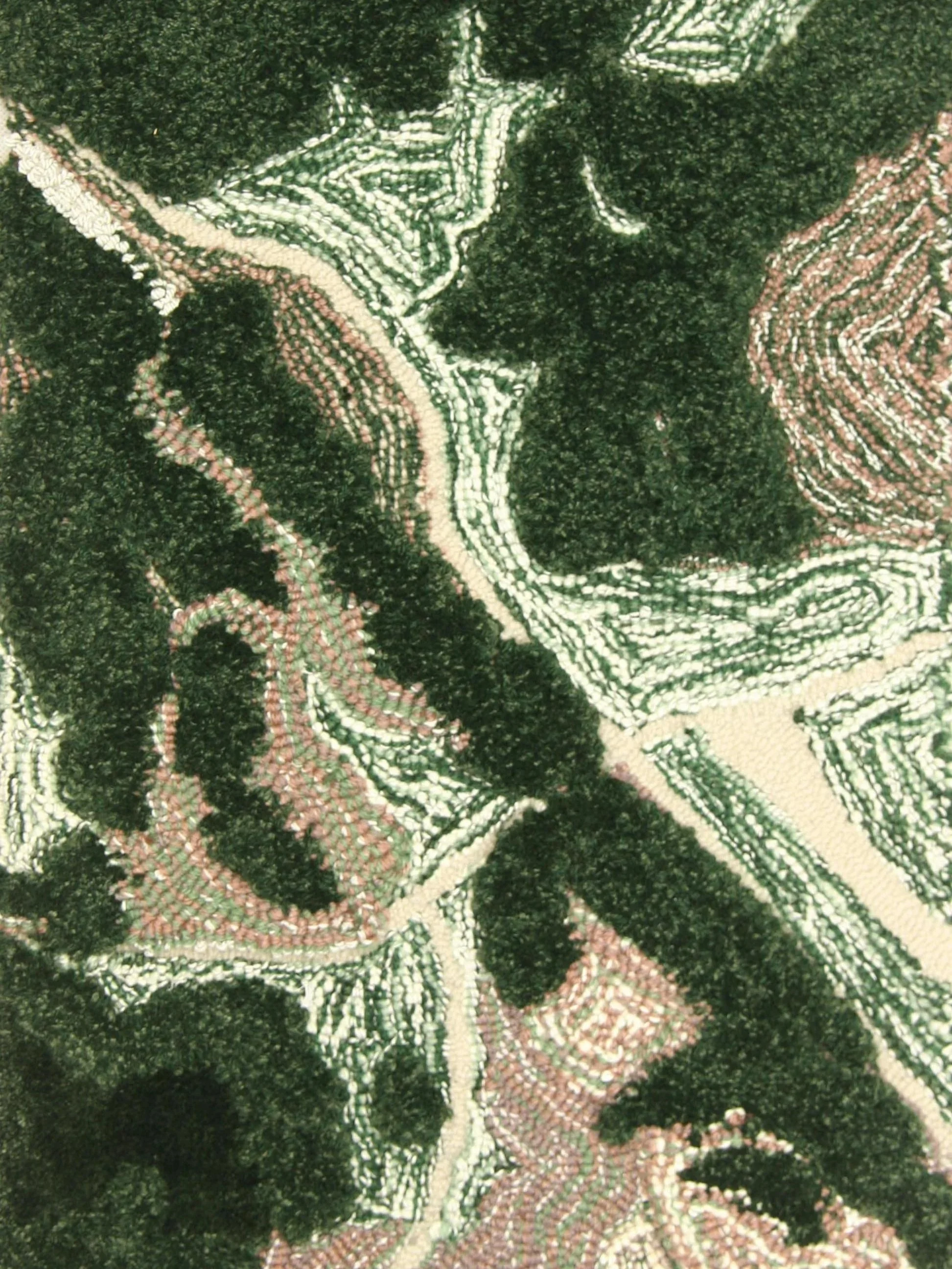 Isometric view of the hand-made rug contrasting 3D-tufted high pile dark green velvets with tight, low profile loop weaves of creams, pinks, greys, off-whites and greens. The final piece of Epoch by Edouard Sankowski for Tangible Archives.