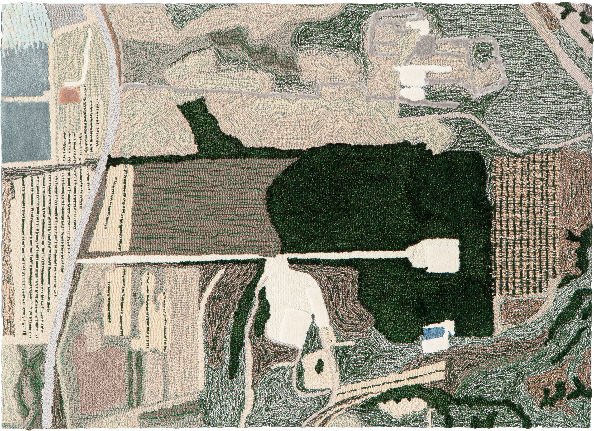 Rectangular plan view of the final tufted rug in creams, pinks, forest greens, grays and blues featuring winding and straights paths, orchards, fields, forests and a pool..